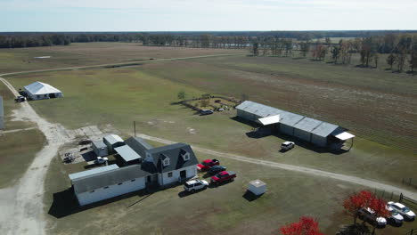 wedding venue location set up on farmland in countryside aerial