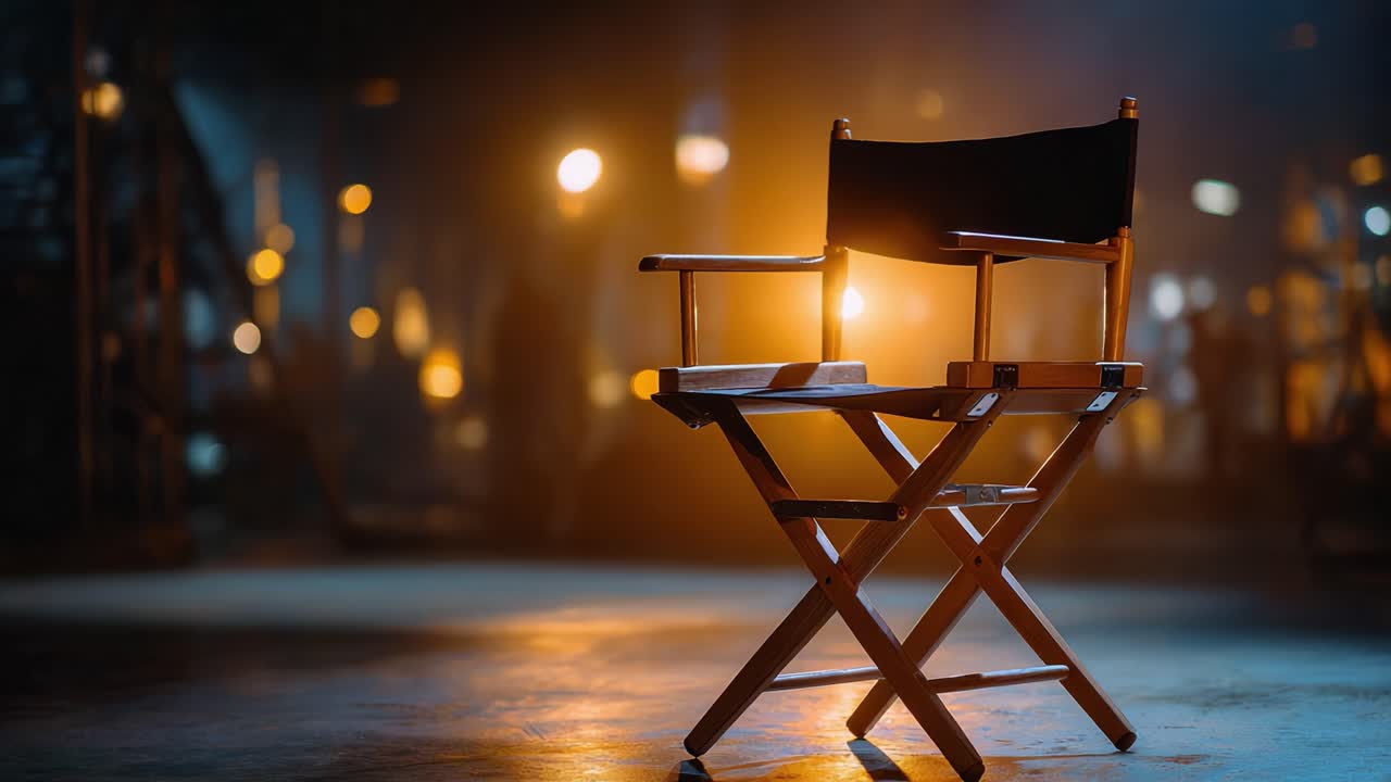A Cinematic Director's Chair Illuminated in the Spotlight, Capturing the Essence of Film Production in a Dramatic, Artistic Setting