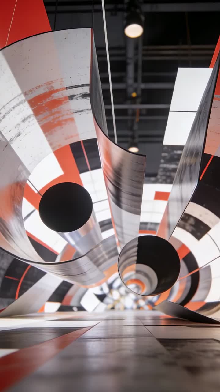 Video verticale: Telecamera che avanza mostrando pannelli a spirale e dischi neri in una sala, mostrando profondità.