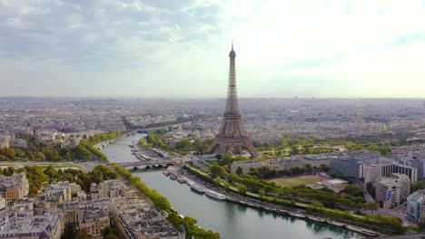 paris, france - may, 2019: aerial drone view of historical city centre and eiffel tower