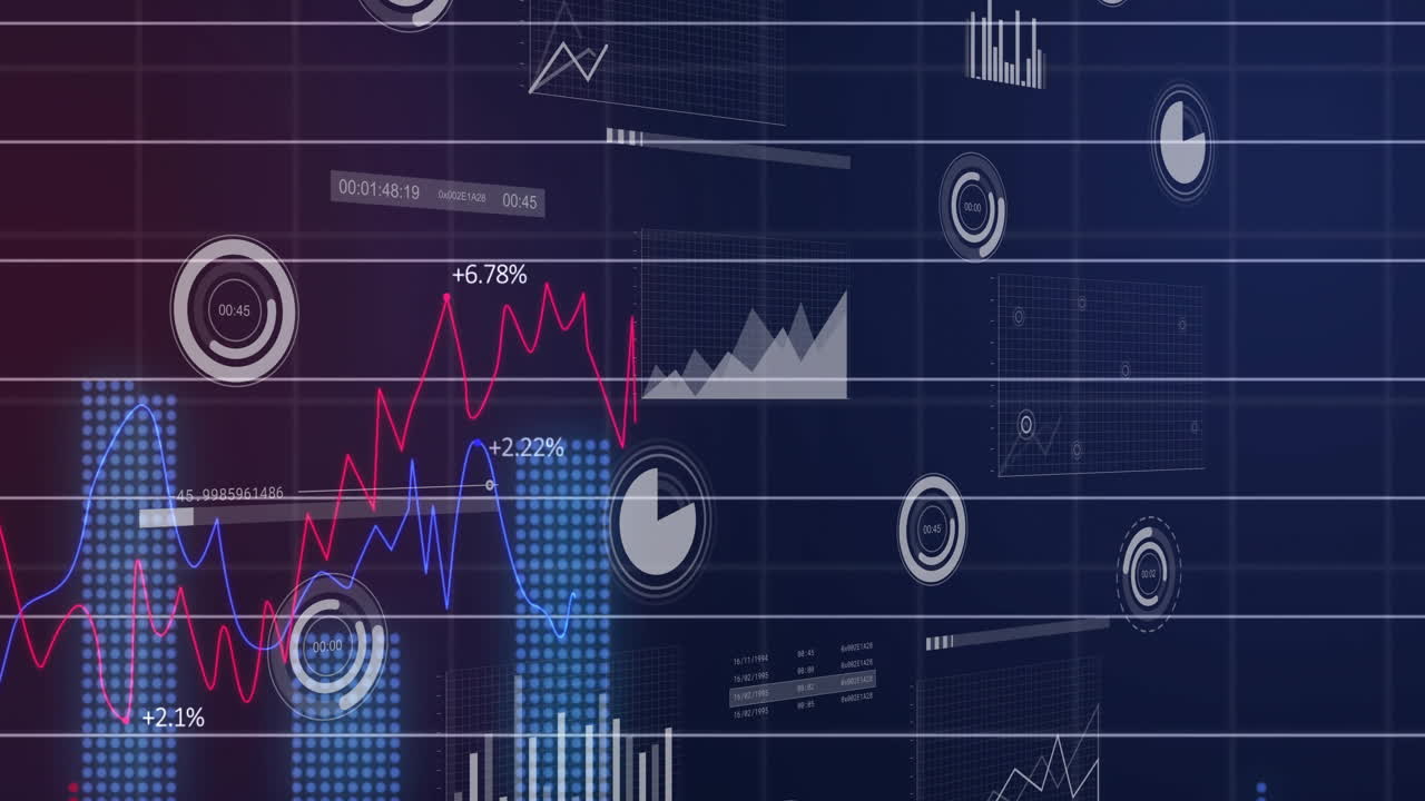 Animation of financial data processing over dark background