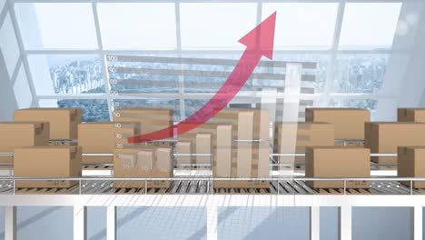 animation of statistics processing over cardboard boxes on conveyor belts