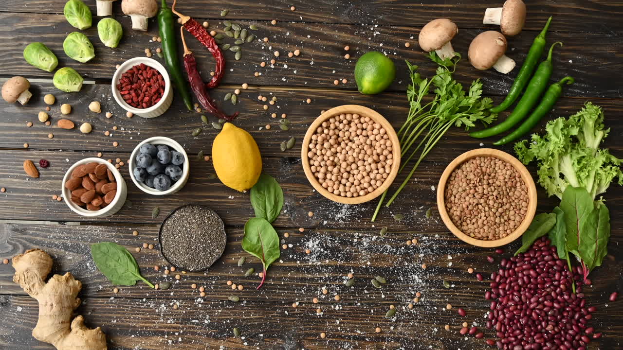 Diversi tipi di frutta, verdura e fagioli su una superficie in legno