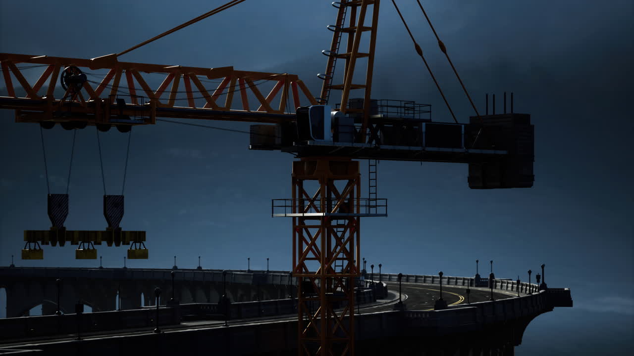 Crane lifts materials at dusk in a busy urban scene