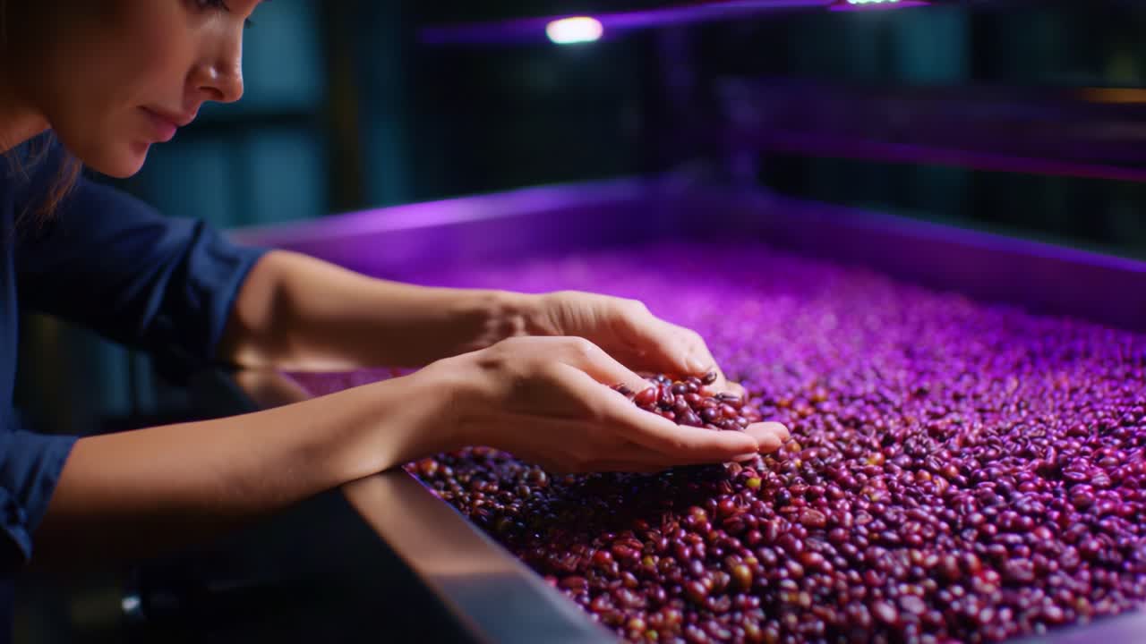An Intimate Exploration of Coffee Beans: A Woman Analyzes the Rich Texture and Color of Freshly Harvested Beans Under Soft Lighting to Enhance Their Beauty