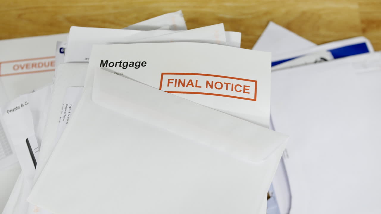 una pila de facturas y deudas con una carta de aviso final de hipoteca