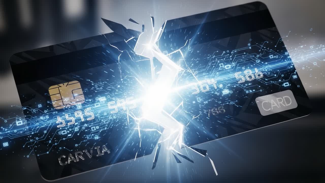 A Dramatic Animation Illustrating the Shattering of a Credit Card, Emphasizing Fragility and Digital Disruption in Modern Finance and Payments