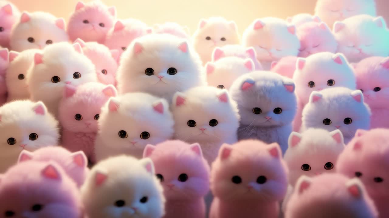 A dreamy, pastel-toned video scene featuring fluffy kittens. Captured from a low angle, the soft