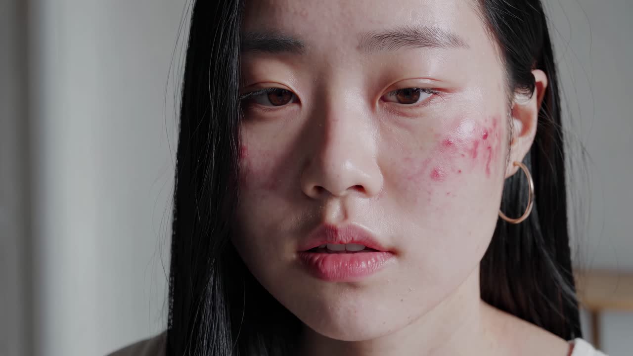 Close-up video shot of a woman with skin blemishes, capturing an intimate and raw expression
