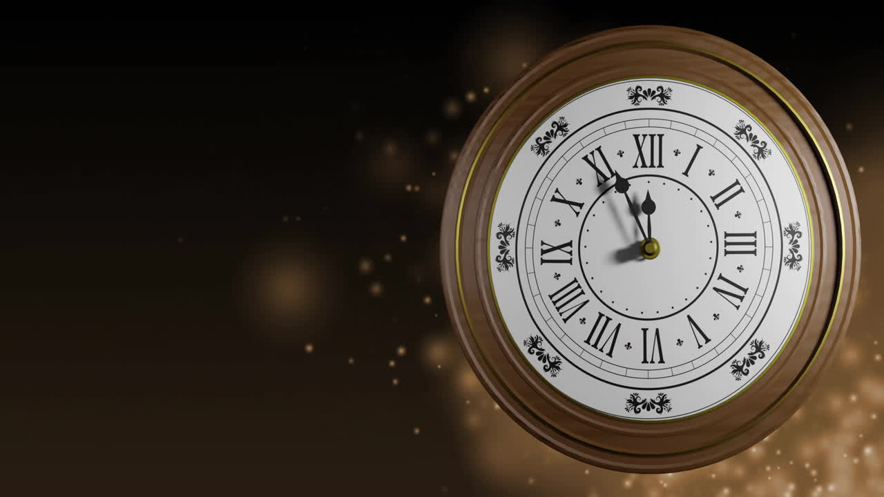 Animation of retro clock ticking showing midnight with spots of light on black background