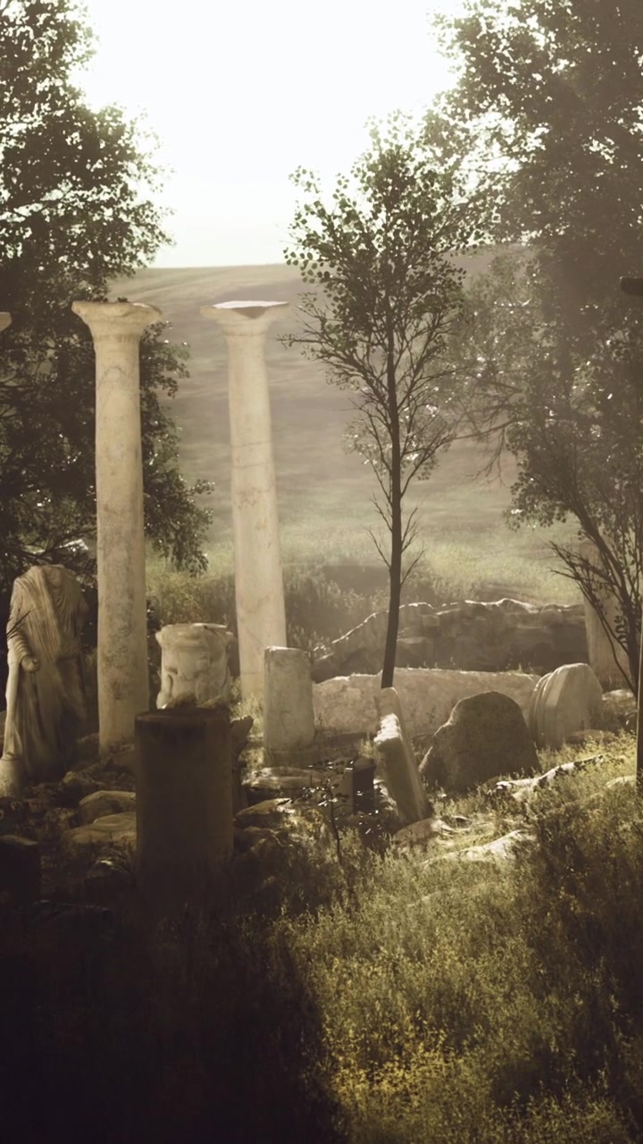Rovine di antiche colonne si ergono in un campo verde all'alba vicino agli alberi.