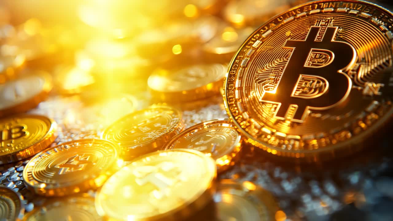 A shiny gold coin with the letter B on it sits on top of a pile of other gold coins. The coins are all different sizes and shapes, but they all have a similar golden hue