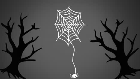 Animation-of-spiderweb-and-trees-over-grey-background