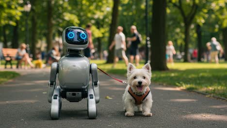 a friendly robot and a happy dog enjoying a sunny day in the park together, showcasing the bond between technology and nature in a lively outdoor setting