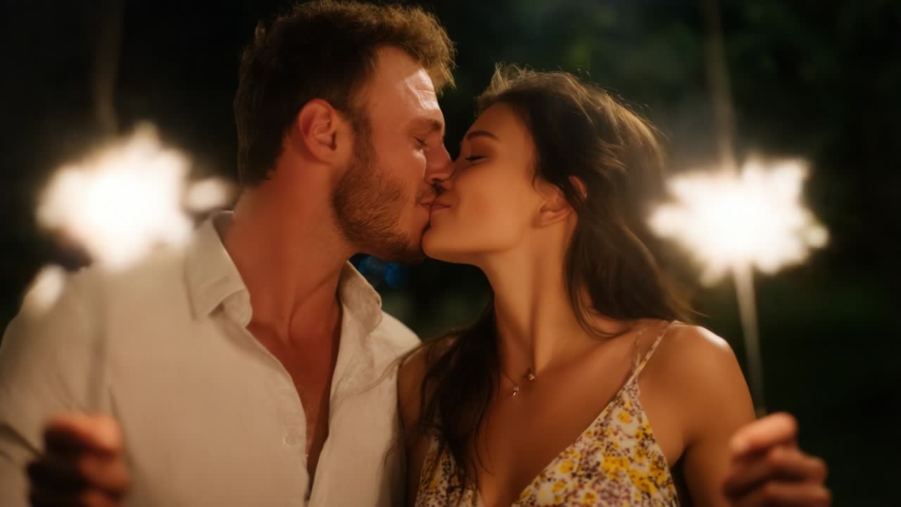 An Intimate Moment of Connection: Two Lovers Share a Kiss Under the Glow of Sparklers, Embracing the Magic of Love on a Beautiful Evening, Creating Lasting Memories Together in a Romantic Setting