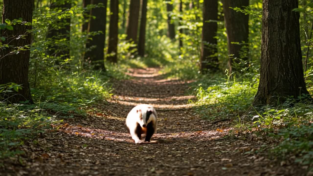 A Badger Exploratively Traverses a Serene Forest Path, Surrounded by Lush Greenery and Dappled Sunlight, Capturing the Essence of Wildlife in a Natural Habitat