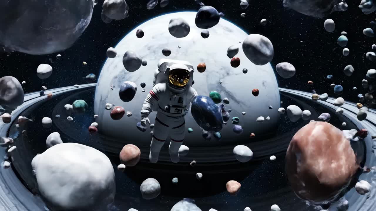 Astronaut Exploring a Ringed Planet in Space