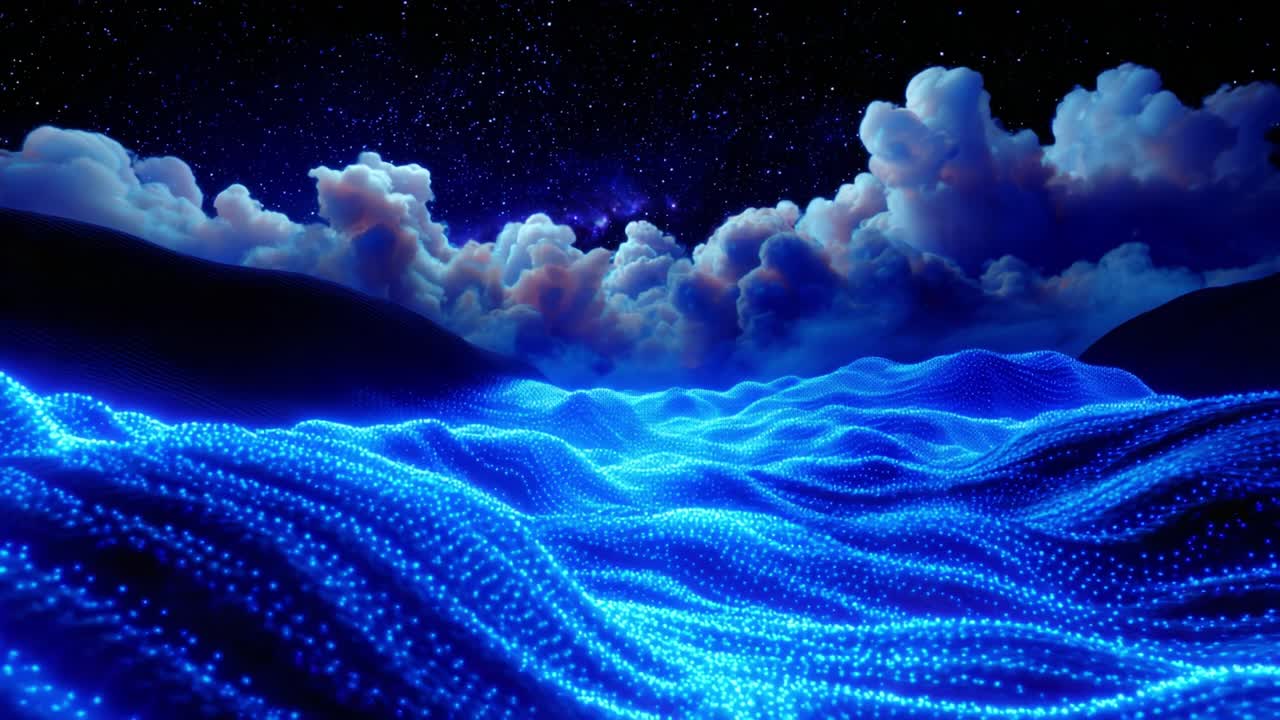 A Stunning Visual Journey Through an Ethereal Landscape of Luminescent Waves and Starry Skies, Capturing the Essence of Tranquility and Wonder in a Dazzling Digital Art Creation