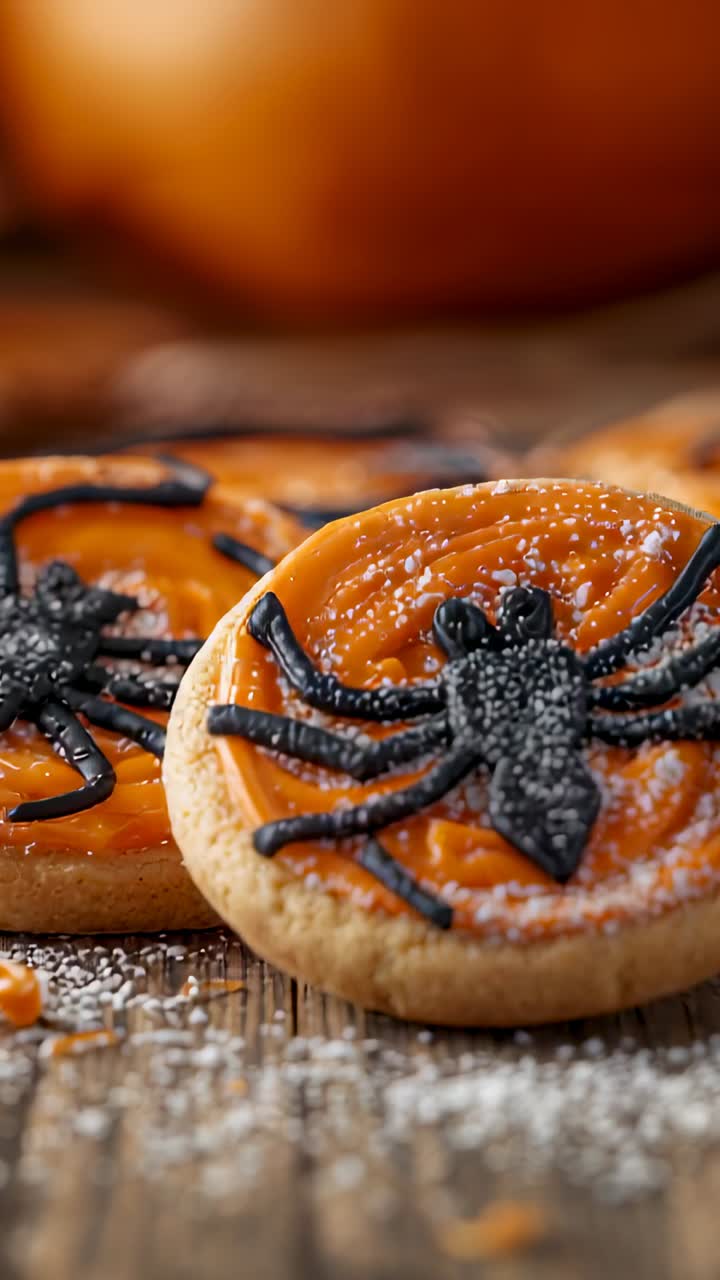 Vertical video: Maintaining camera focus on spider icing sugar cookie on wood surface, with pumpkin