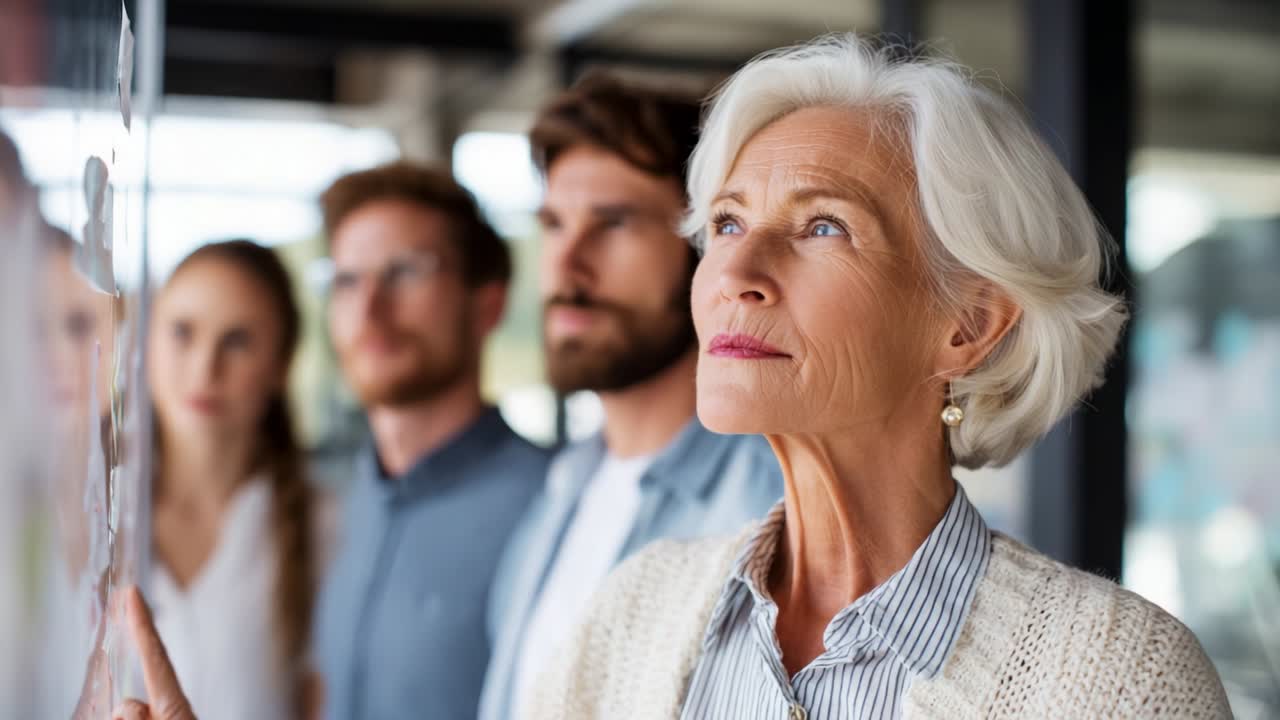 An older woman with silver hair stands thoughtfully before a display as young adults observe her engagement in a moment of reflection and insight during a collaborative discussion or presentation