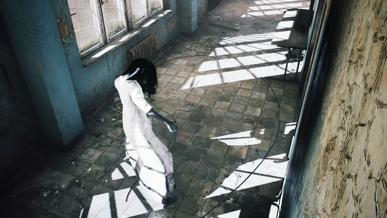 백색 드레스를 입은 끔찍한 유령 소녀가 버려진 신비한 병원을 걸어다니며 종말론, 신비주의 및 환상적인 배경에 대한 루프 애니메이션.