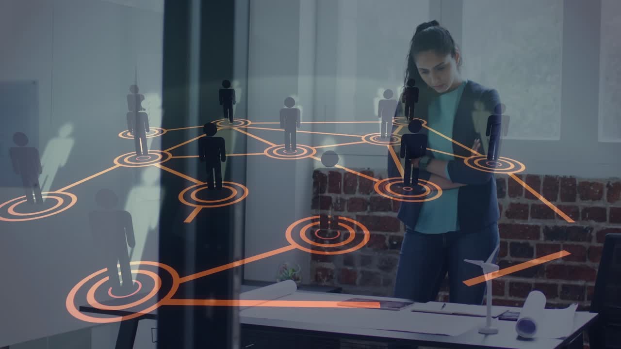 Animación de red de conexiones con iconos sobre una mujer de negocios caucásica pensando