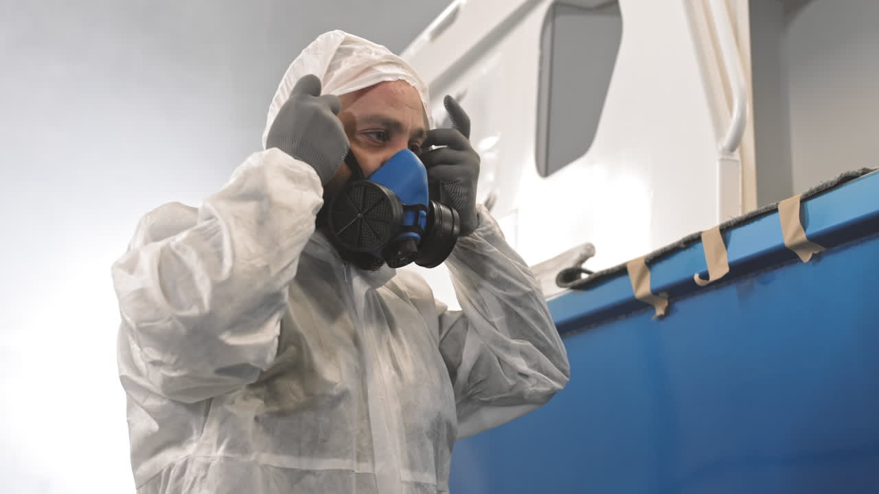 Man Putting on Respirator and Posing
