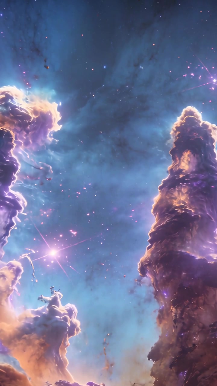 Vertical video: Tilting upward showing central rift pulsing violet particles drifting above mast