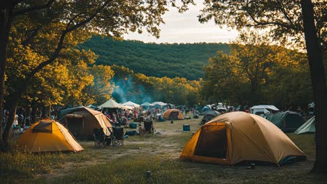 camping in the forest at sunset
