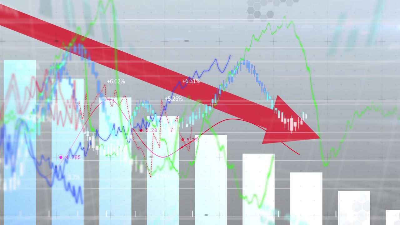 Red arrow sweeping down starting trend lines moving over falling bars indicating market dip rebound