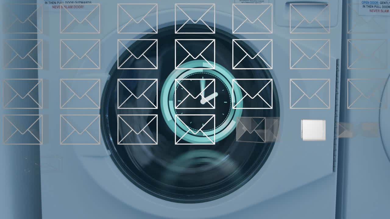 Digital composite video of message icons against washing machines at laundromat