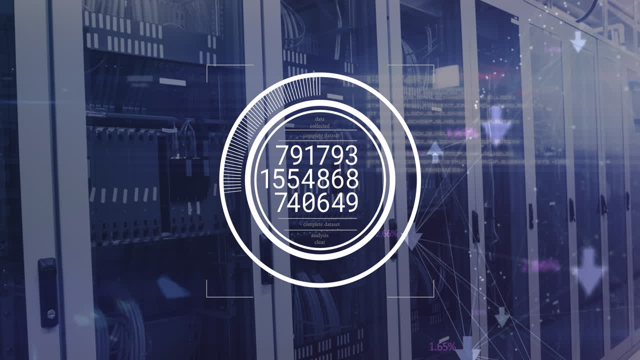 Animation of changing numbers over round scanner against computer server room