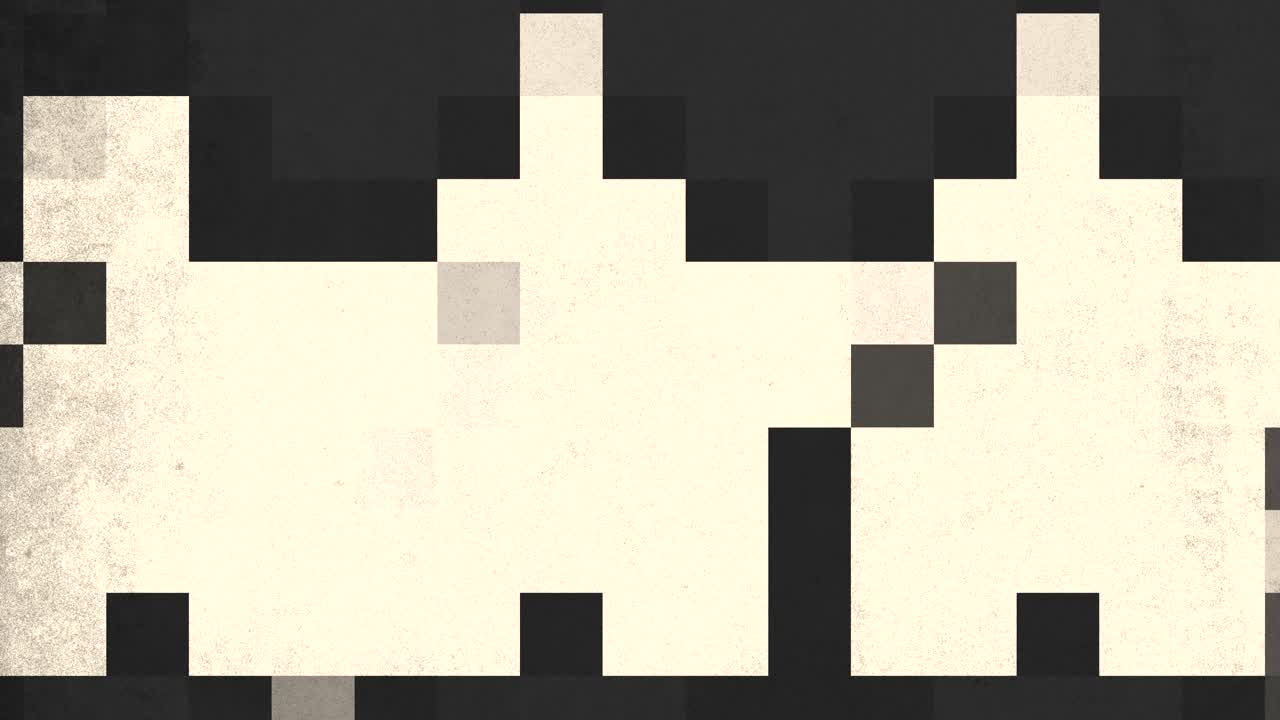 A pixelated black and white image of a smiling face is depicted, consisting of small squares forming features like eyes and mouth, creating a simplistic yet expressive design