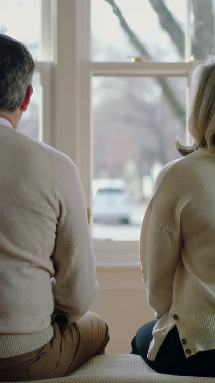 Vertical video: Sitting older couple watching passing cars outside on window seat in knit sweaters