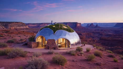 a modern dome house in a desert landscape at twilight