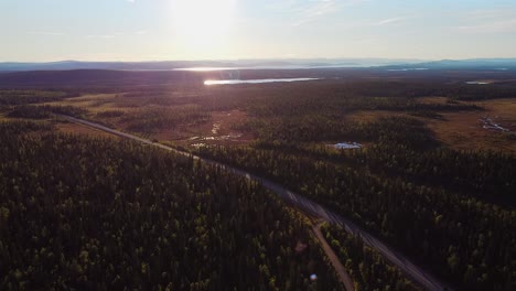 Hermosa-Hora-Dorada-Aérea-Tarde-Soleado-Bosque-Verde-Bosques-En-Suecia