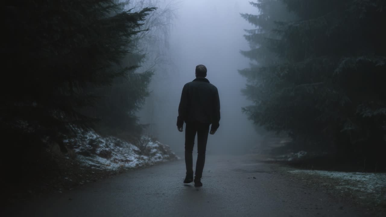 A solitary figure walks through a fog-covered forest path, surrounded by towering trees and an air of mystery, capturing a moment of reflection in nature's embrace
