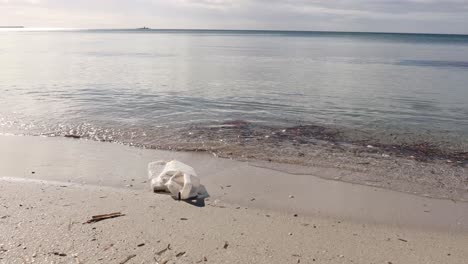 Plastikflasche-Angeschwemmt-Am-Sandstrand-Mit-Sanften-Wellen-Im-Hintergrund,-Umweltproblem-Konzept