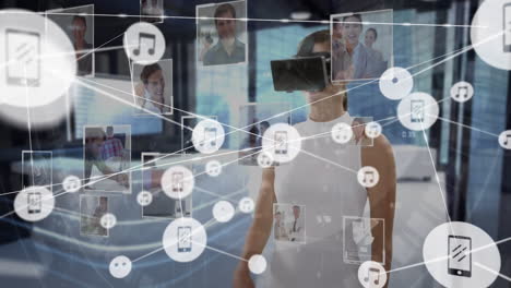 Animation of network of connections with icons over businesswoman wearing vr headset