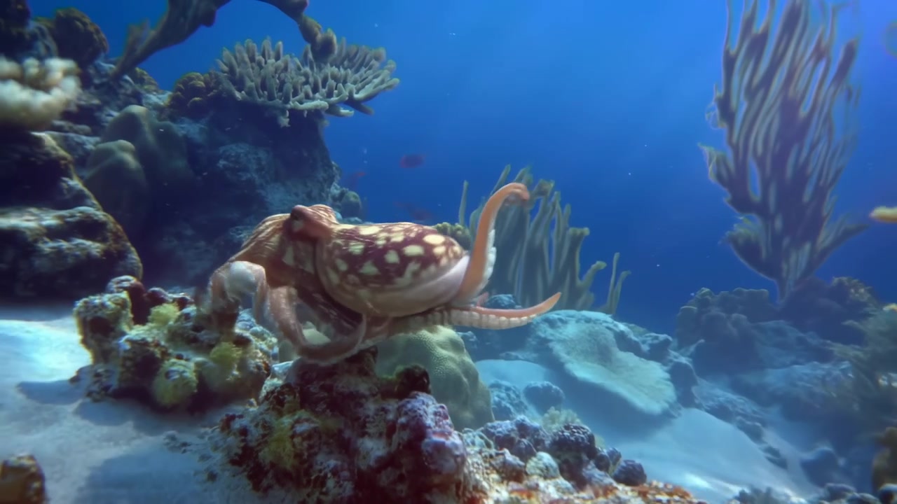 Polpo pallido e maculato occupa il primo piano in basso al centro su una barriera corallina sabbiosa, mantello liscio con pelle maculata, occhio visibile, tentacoli che si arricciano attraverso coralli incrostanti e a masso in acqua blu calma