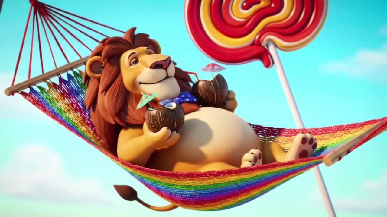 A Relaxing Animated Lion Enjoying Refreshing Drinks While Lounging in a Vibrantly Colored Hammock Under a Clear Blue Sky with a Sweet Lollipop in the Background