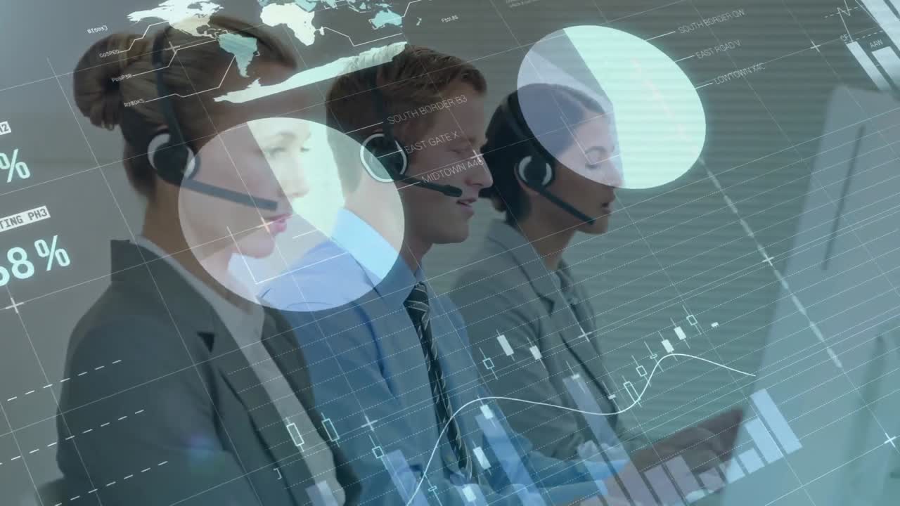 animación del registro de estadísticas sobre personas de negocios que usan auriculares telefónicos