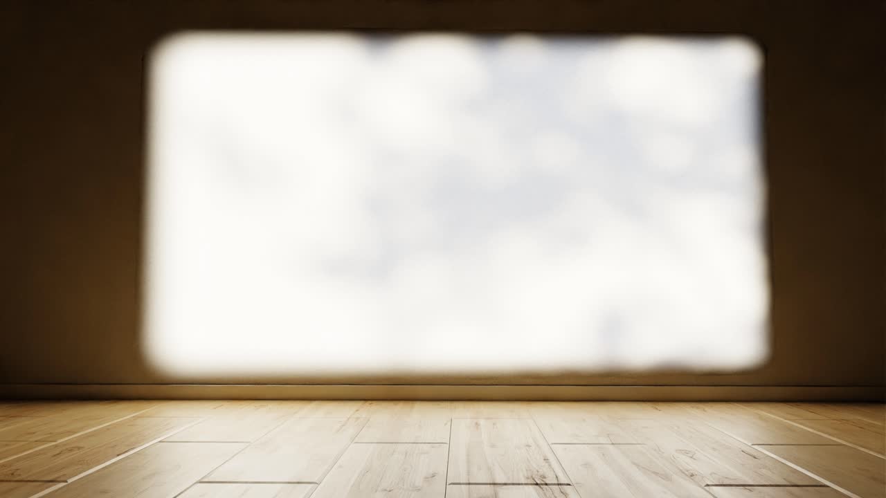 Lysprojektion af himmel og skyer på væg med trægulv