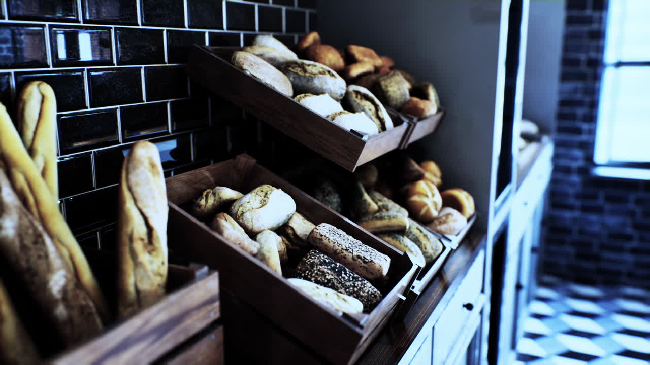 Ferskt brød på hyller i bakeri
