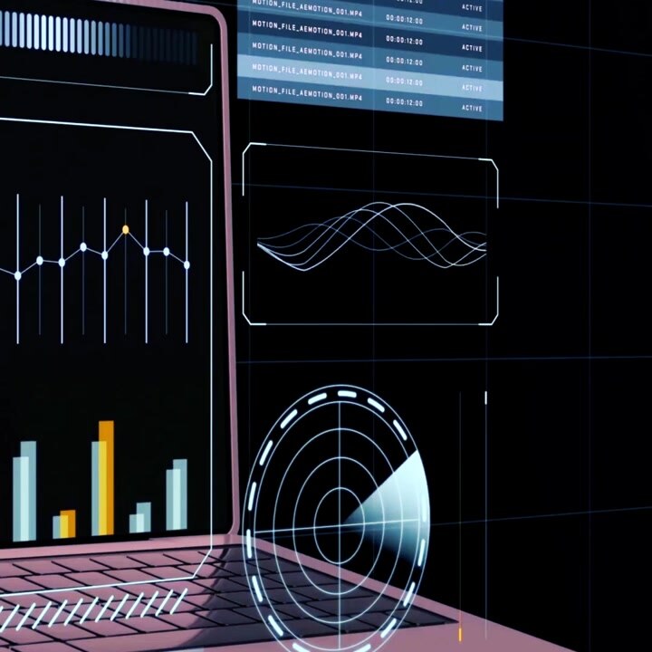 High-tech bærbar computer med animerede data og radar-interface
