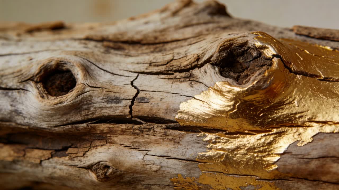 Schillernde Glanzlichter, die sich über einen Treibholzknoten verschieben, aus Mikro-Zoom im Studio, mit Goldflocken.