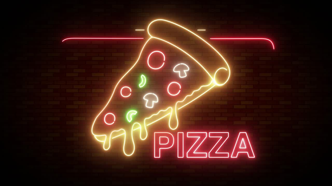 네온 피자 표지판이 어두운 환경에서 박이고 있습니다.