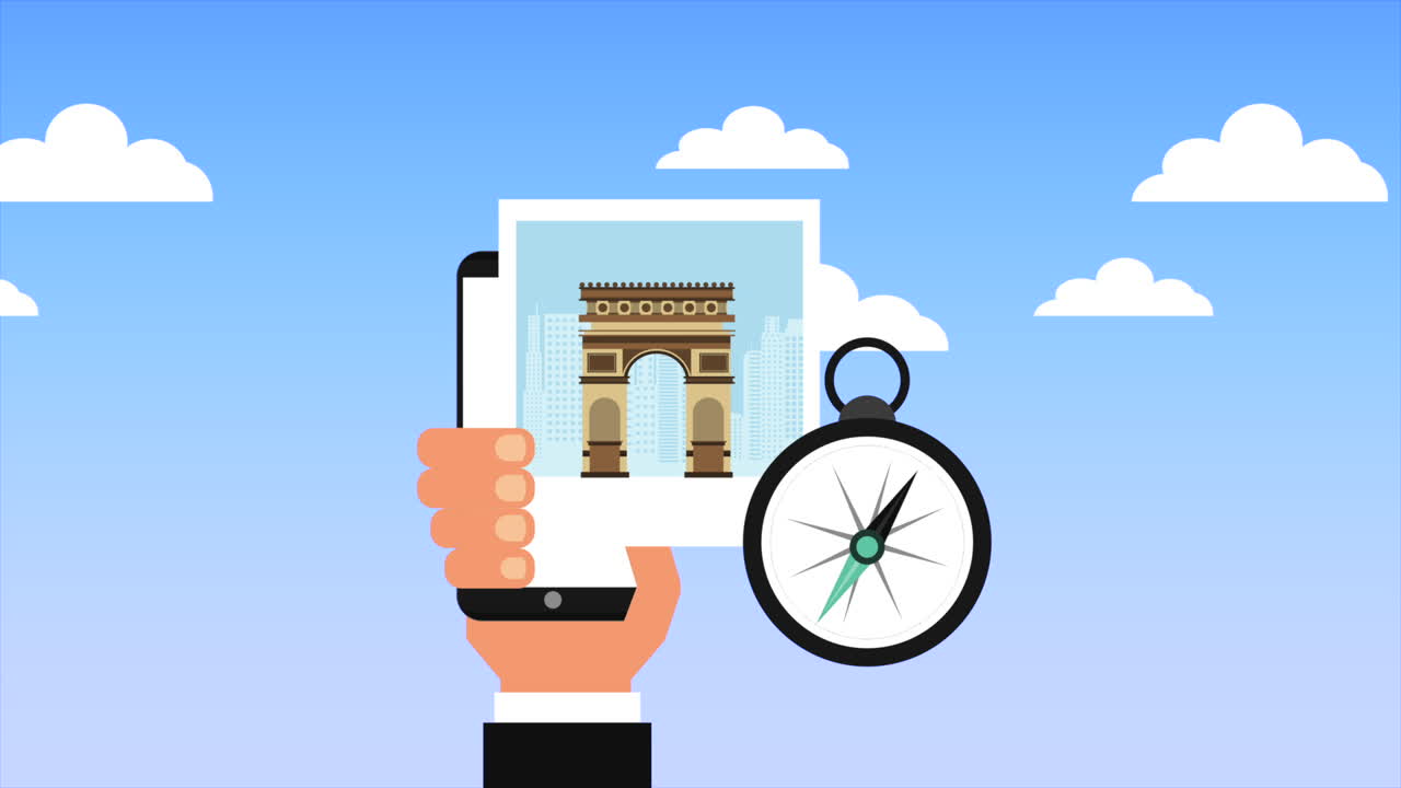 mano con teléfono inteligente y artículos de viaje animación