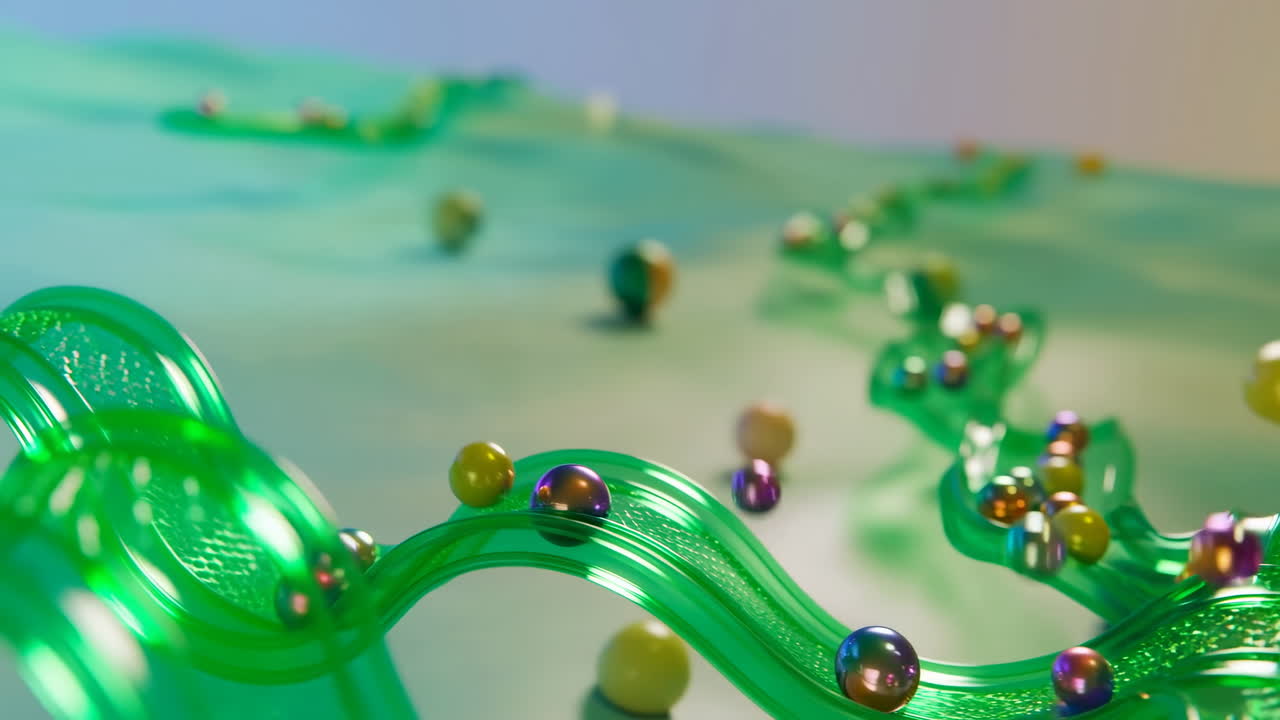 Surface de ruban vert avec des sphères colorées, des perles brillantes en cascade sur une texture ondulée, détail macro, faible profondeur de champ.
