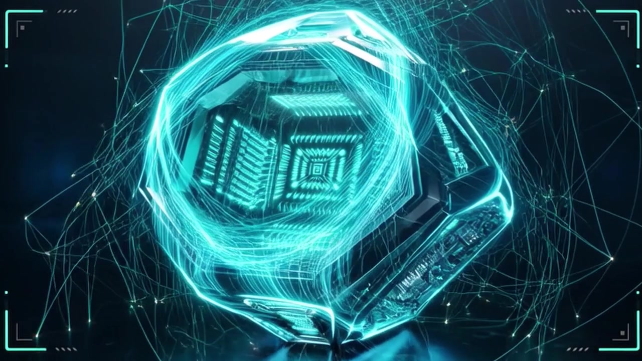Futuristic Metallic Cube with Glowing Digital Circuitry and Data Network